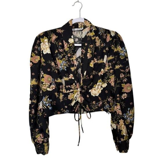Zara Cinched Floral Crop V Neck Top Women‎ Black S Side Zip Boho Fairy - Picture 1 of 7